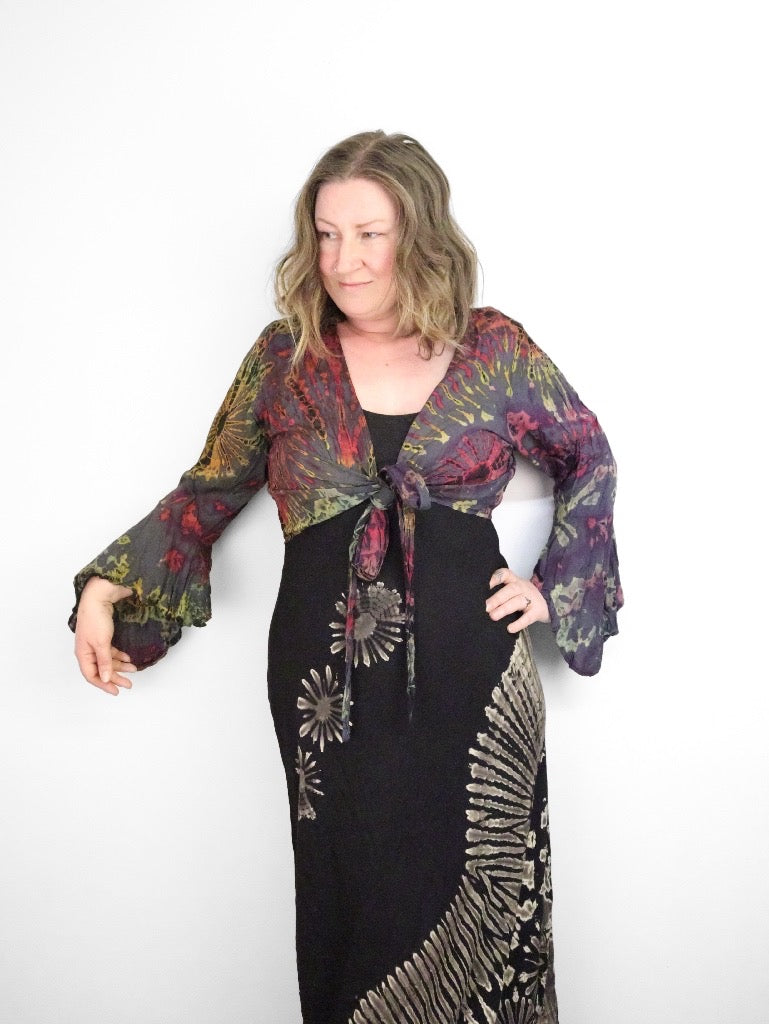 Tie-Dye Cropped Cardigan Wrap with Flared Bell Sleeves and Tie Closure - Charcoal and Rainbow