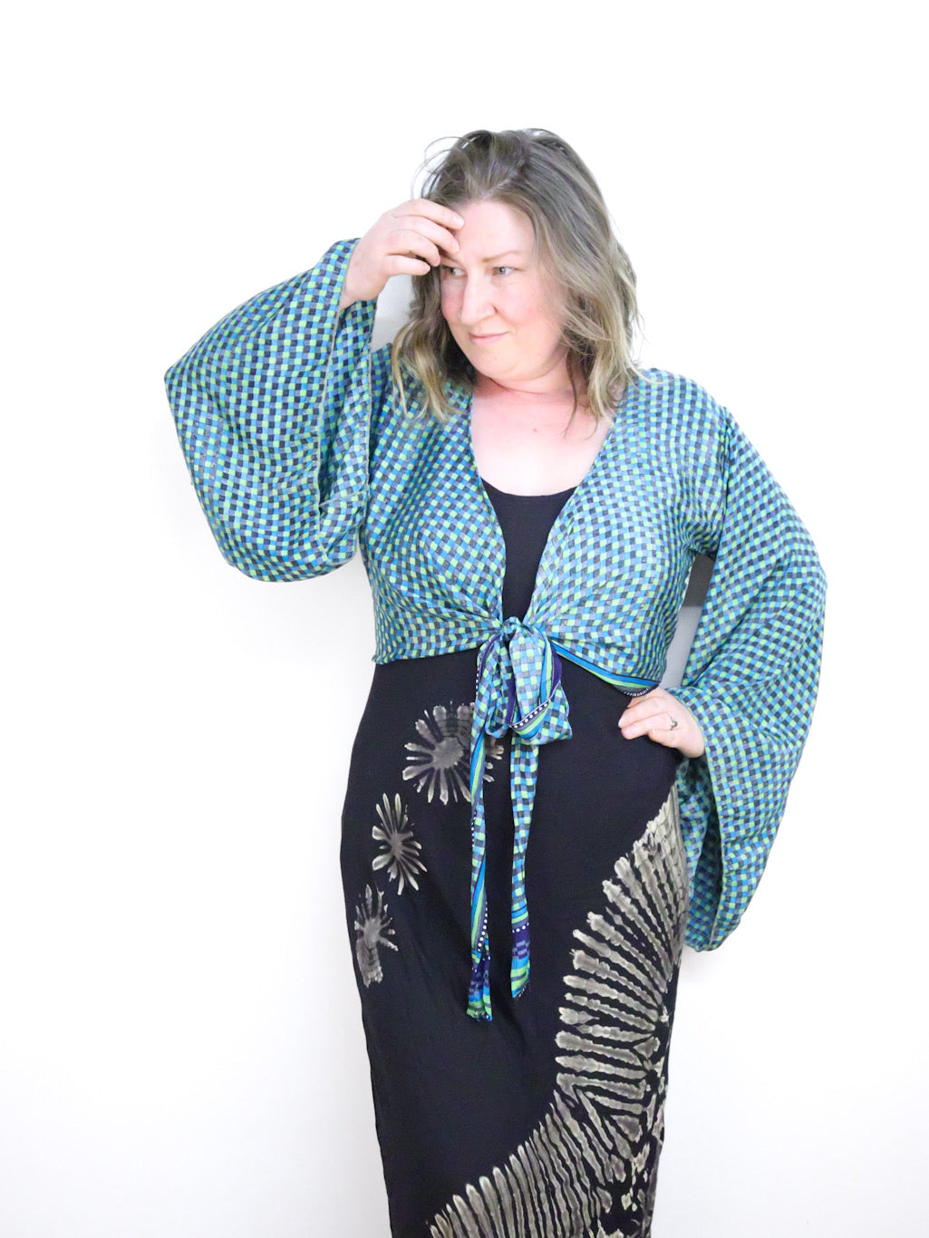 Recycled Sari Cropped Kimono Cardigan Wrap - Blue and Green