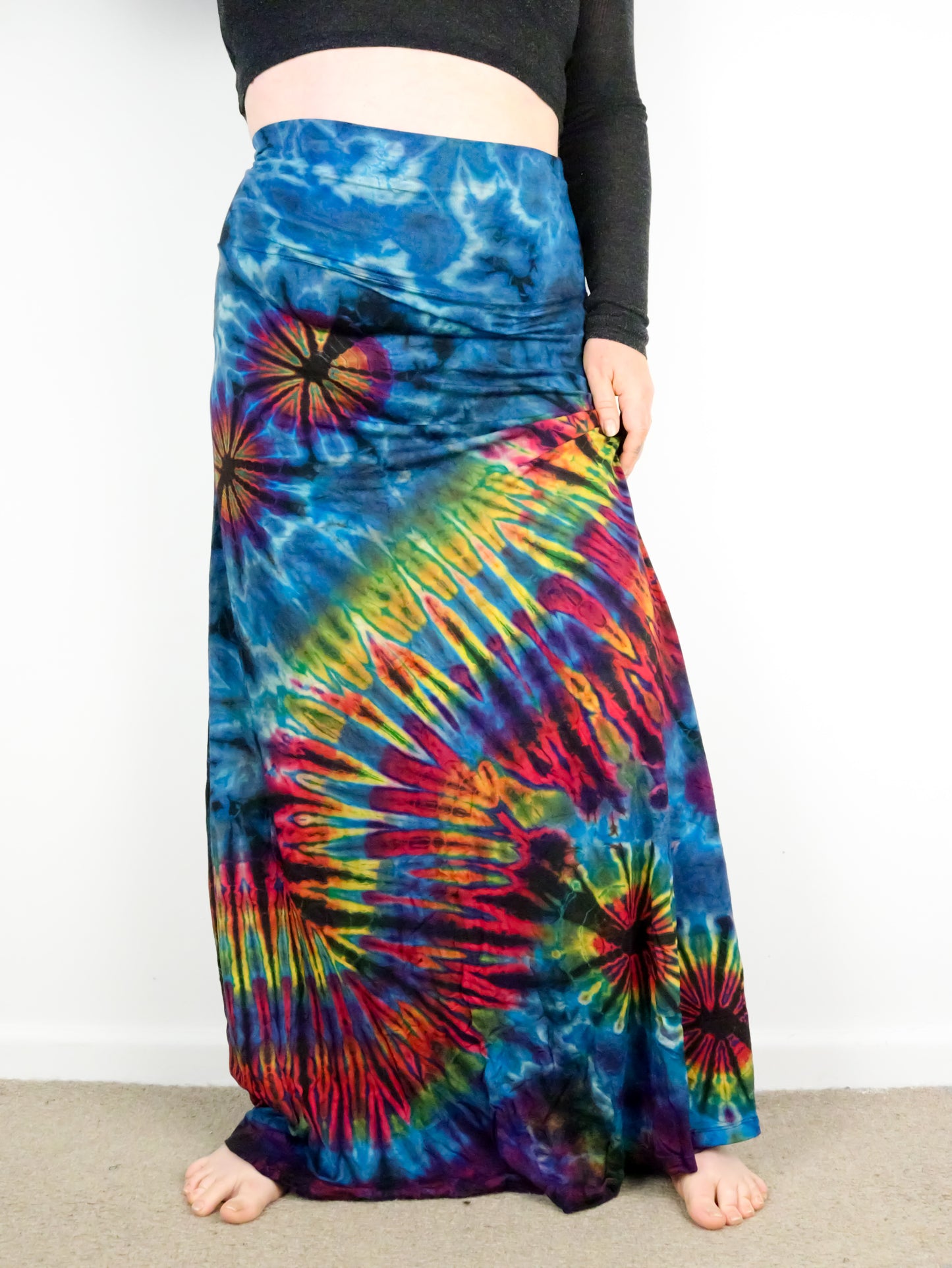 Soft Stretch Tie Dye Maxi Skirt - Aqua Blue Rainbow - Extra Long Length