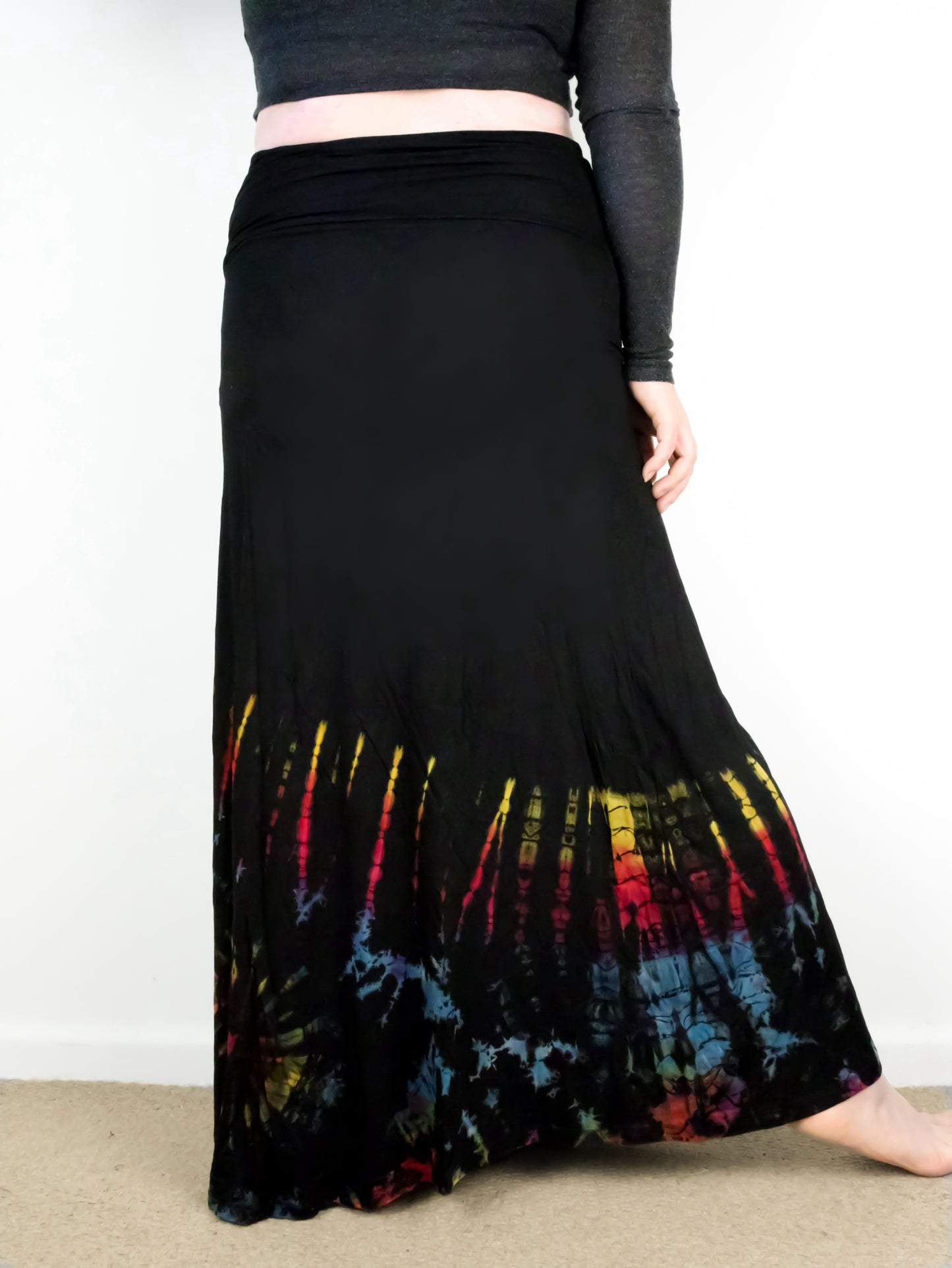 Soft Stretch Tie Dye Maxi Skirt - Black and Half Rainbow