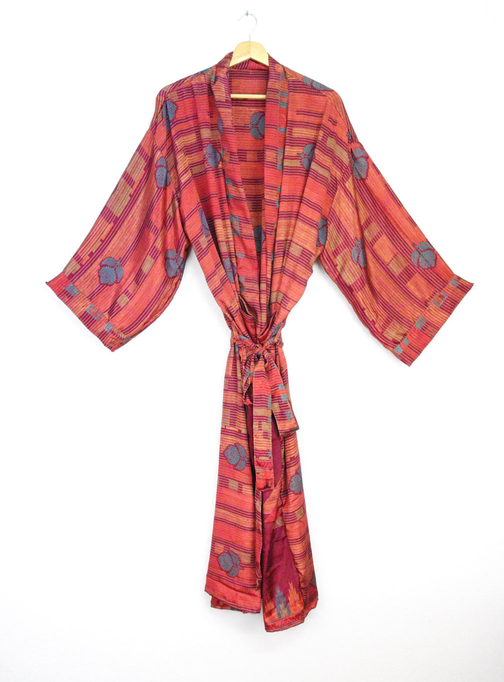 Kimono Style Silk Robe Recycled Sari Dressing Gown - Red