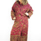 Blanket Kimono Robe Boho Dressing Gown - Fuchsia and Green