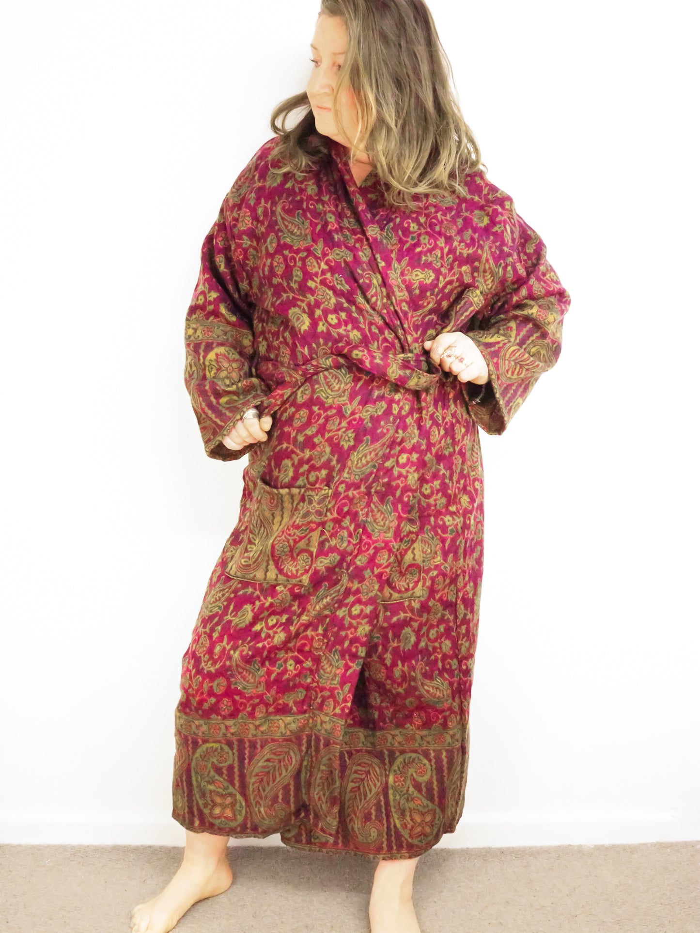 Blanket Kimono Robe Boho Dressing Gown - Fuchsia and Green