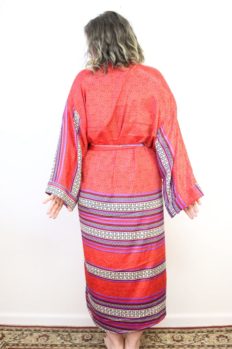 Kimono Style Silk Robe Recycled Sari Dressing Gown - Red and Purple