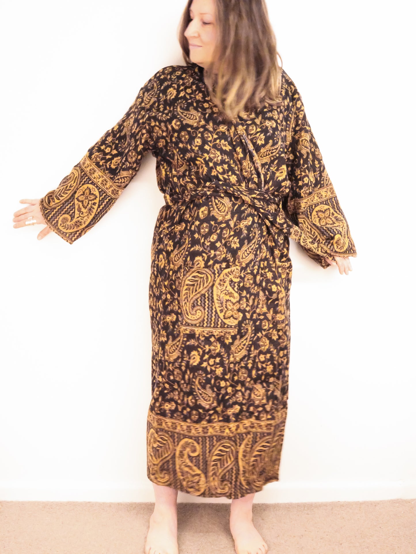 Blanket Kimono Robe Boho Dressing Gown - Black and Gold