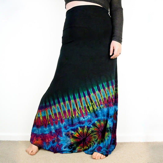 Soft Stretch Tie Dye Maxi Skirt - Black and Half Aqua Blue