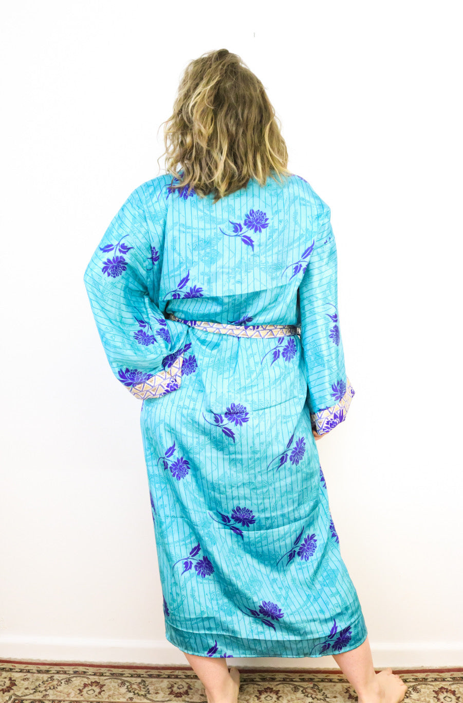 Kimono Style Silk Robe Recycled Sari Dressing Gown - Turquoise