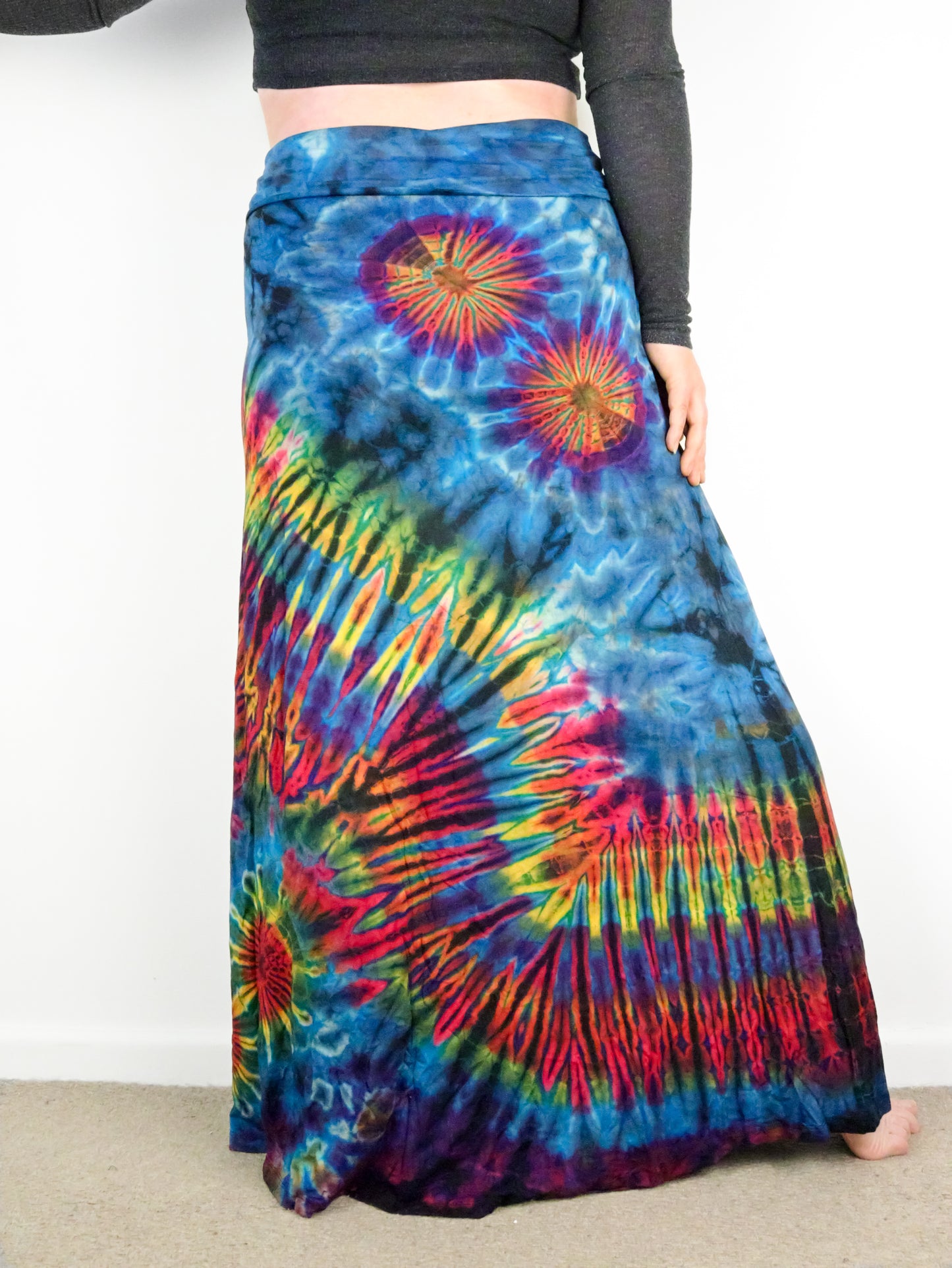 Soft Stretch Tie Dye Maxi Skirt - Aqua Blue Rainbow - Extra Long Length