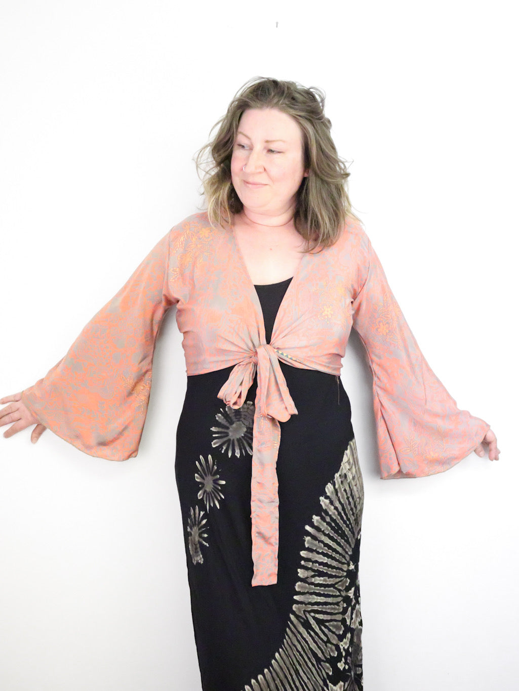 Recycled Sari Cropped Kimono Cardigan Wrap - Dusty Pink