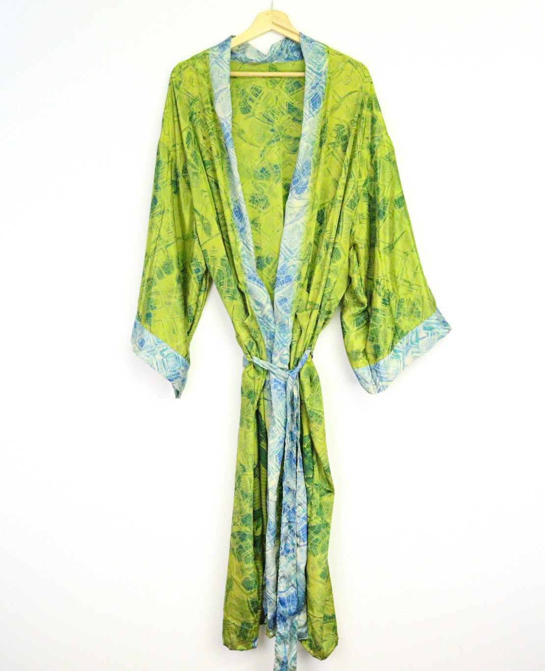 Kimono Style Silk Robe Recycled Sari Dressing Gown - Green