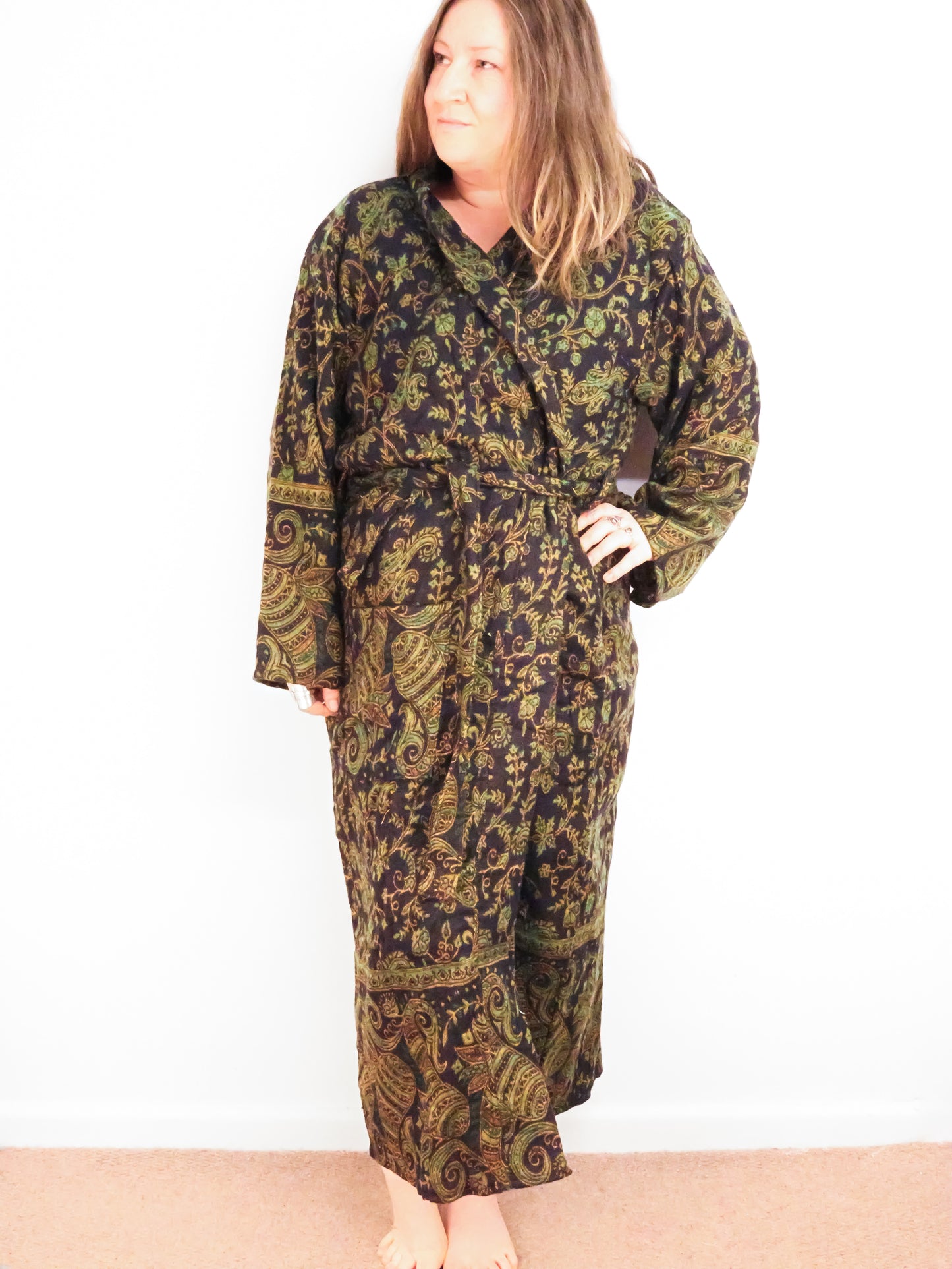 Blanket Kimono Robe Boho Dressing Gown - Black Green and Gold