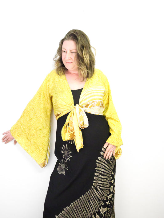 Recycled Sari Cropped Kimono Cardigan Wrap - Yellow