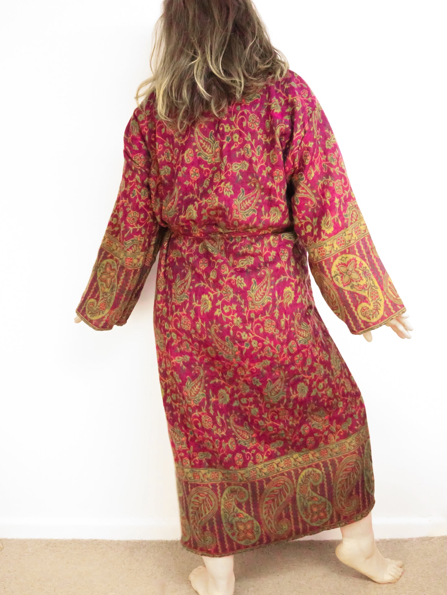 Blanket Kimono Robe Boho Dressing Gown - Fuchsia and Green