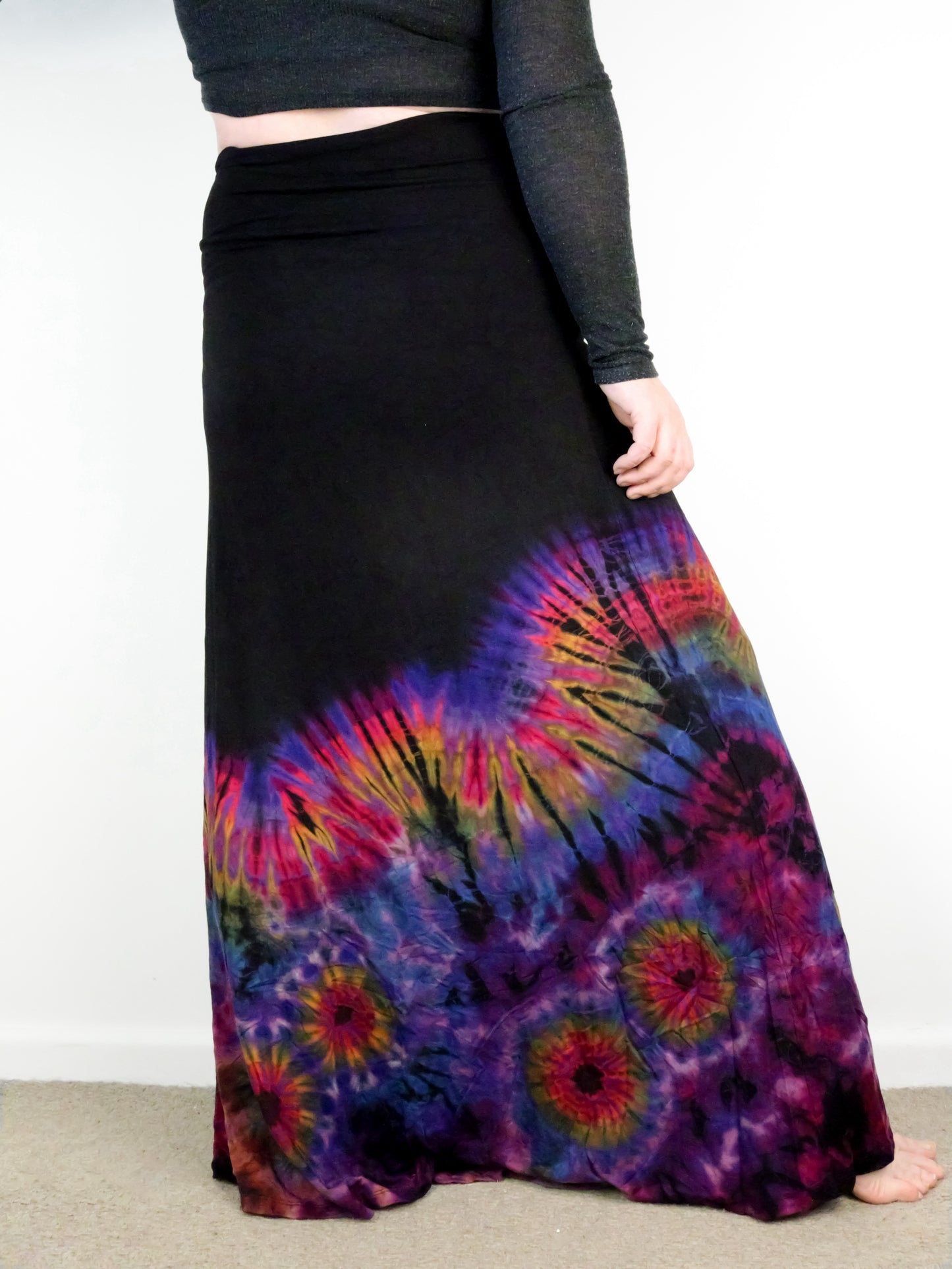 Soft Stretch Tie Dye Maxi Skirt - Black and Half Blueberry - Extra Long Length