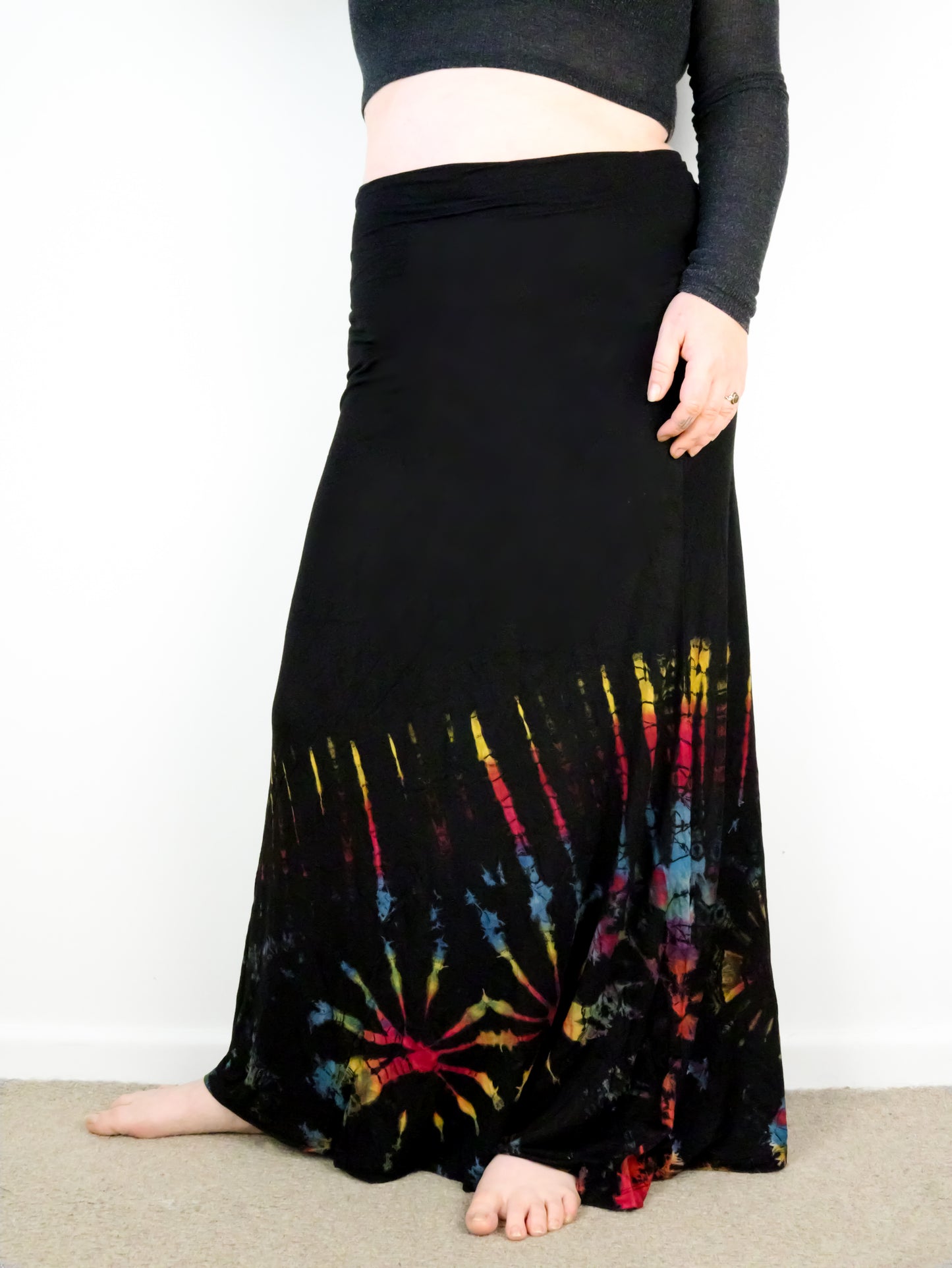 Soft Stretch Tie Dye Maxi Skirt - Black and Half Rainbow