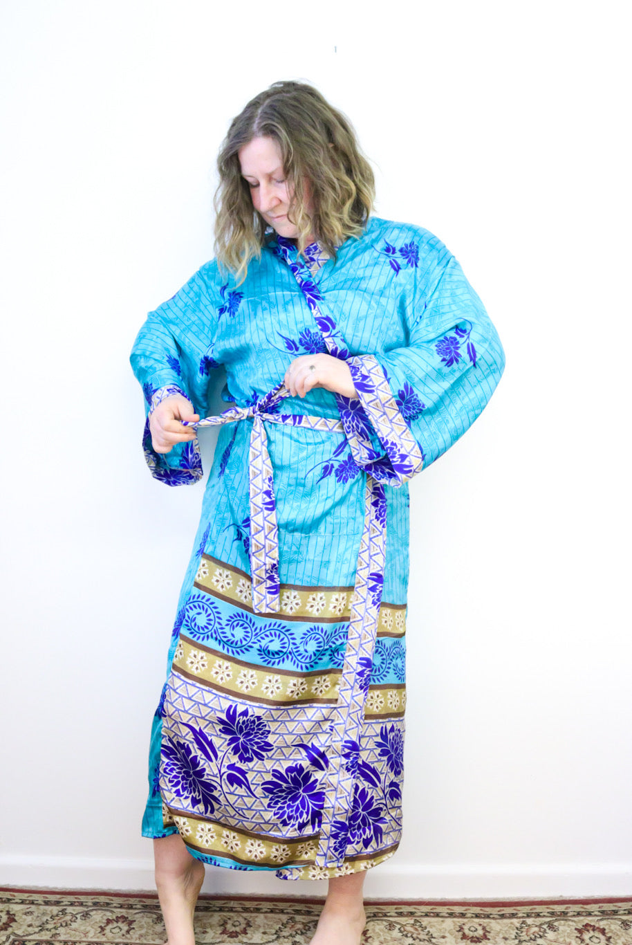 Kimono Style Silk Robe Recycled Sari Dressing Gown - Turquoise