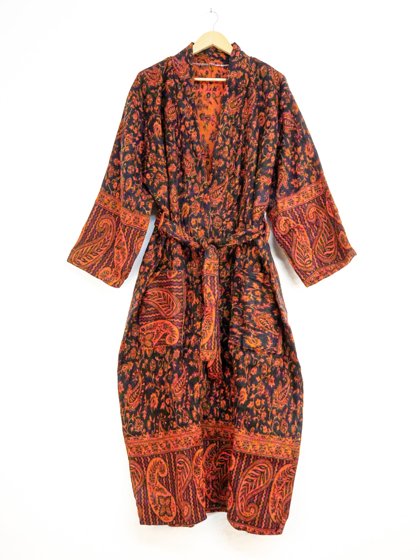 Blanket Kimono Robe Boho Dressing Gown - Black Orange and Fuchsia