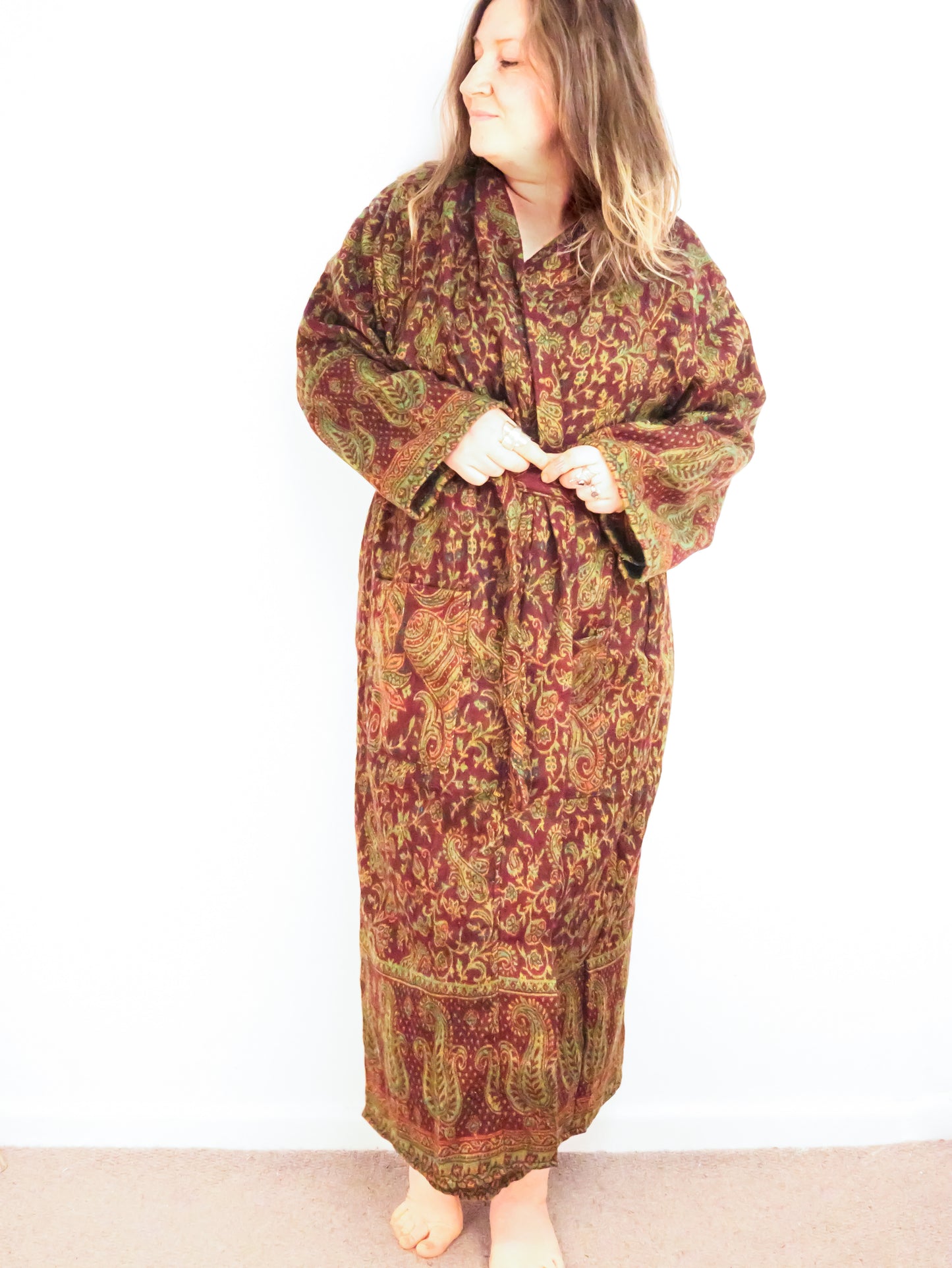 Blanket Kimono Robe Boho Dressing Gown - Burgundy Green and Gold