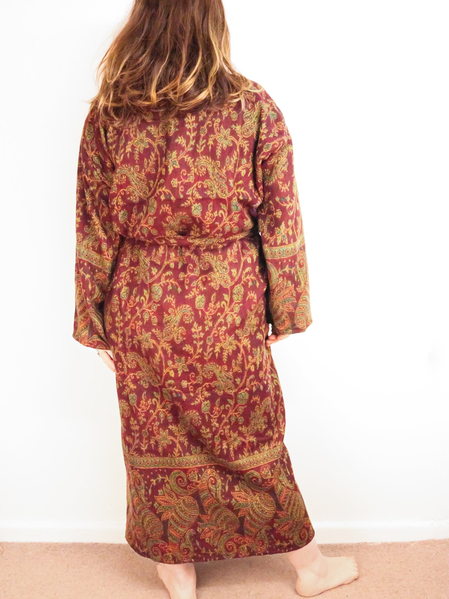 Blanket Kimono Robe Boho Dressing Gown - Burgundy Green and Gold