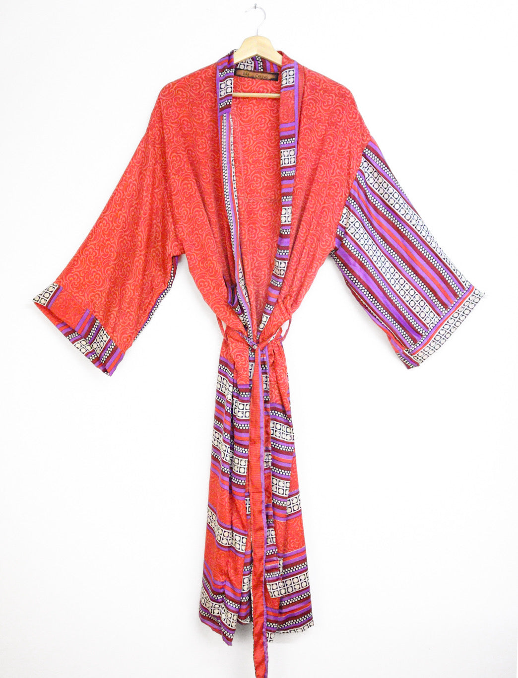 Kimono Style Silk Robe Recycled Sari Dressing Gown - Red and Purple