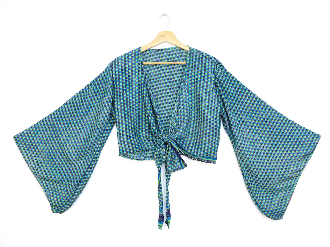 Recycled Sari Cropped Kimono Cardigan Wrap - Blue and Green