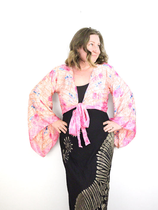 Recycled Sari Cropped Kimono Cardigan Wrap - Pink and Peach