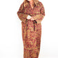 Blanket Kimono Robe Boho Dressing Gown - Burgundy Green and Gold