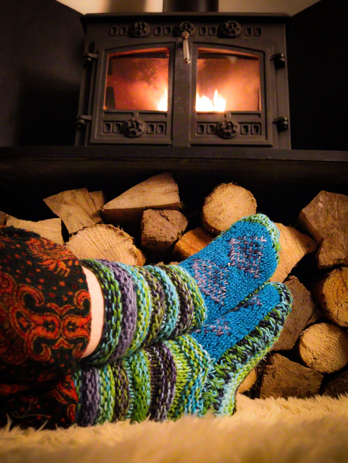 Long Fleece Lined Cosy House Socks - Blue Green Unisex