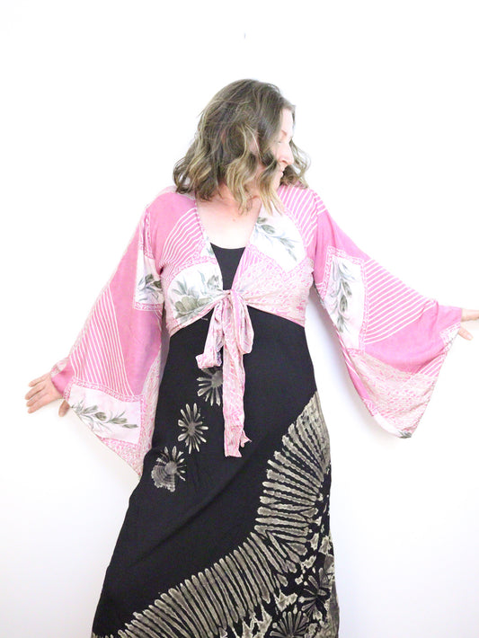 Recycled Sari Cropped Kimono Cardigan Wrap - Pink Flowers