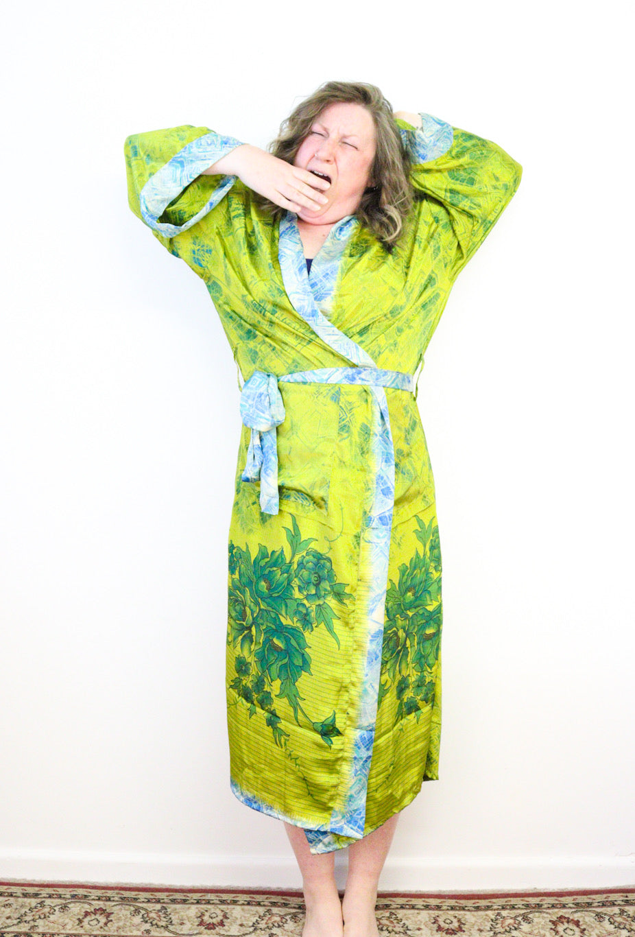 Kimono Style Silk Robe Recycled Sari Dressing Gown - Green