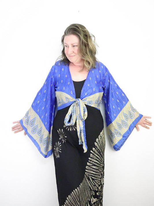 Recycled Sari Cropped Kimono Cardigan Wrap - Blue