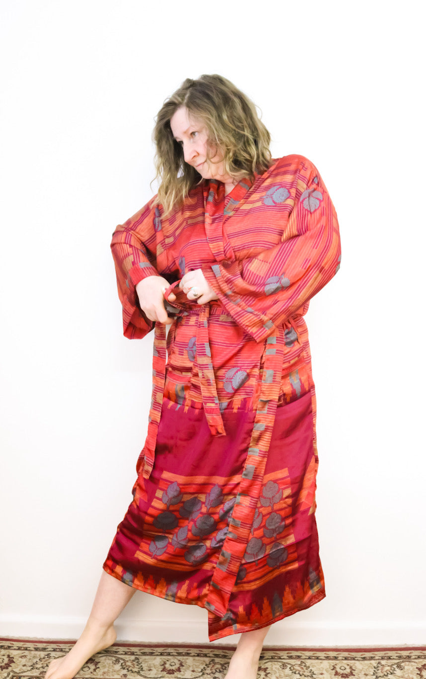 Kimono Style Silk Robe Recycled Sari Dressing Gown - Red