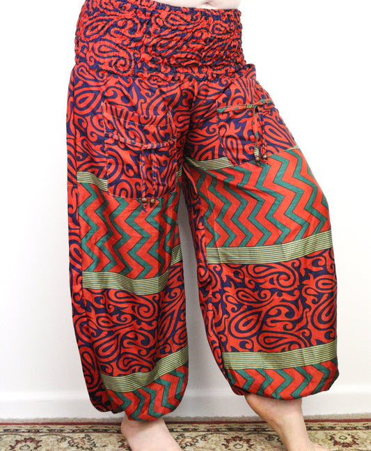 Recycled Sari Fabric Loose Fit Trousers - Red