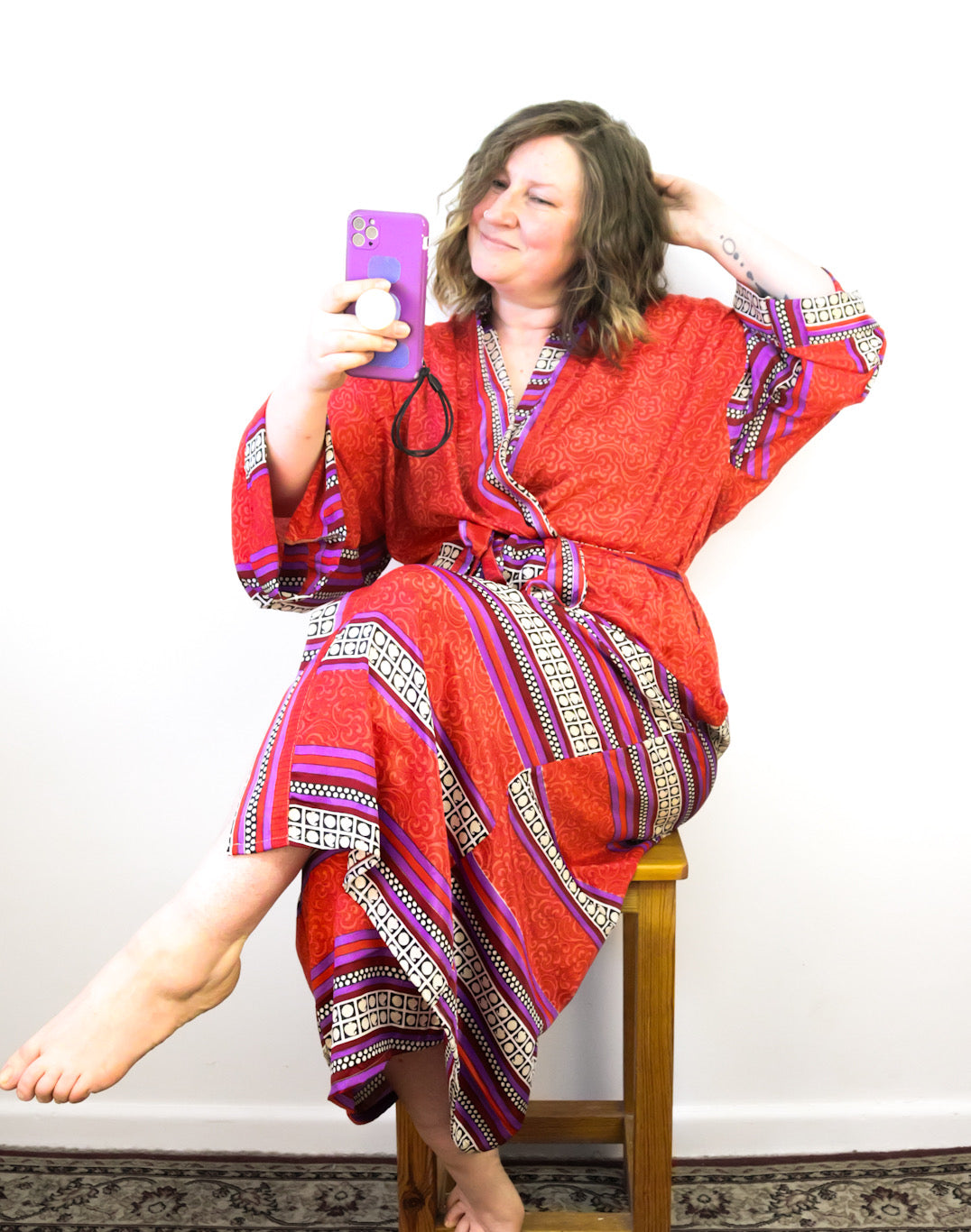 Kimono Style Silk Robe Recycled Sari Dressing Gown - Red and Purple