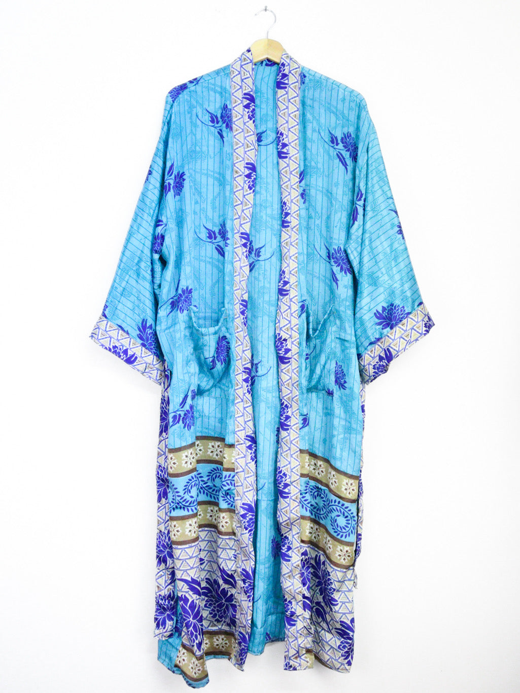 Kimono Style Silk Robe Recycled Sari Dressing Gown - Turquoise