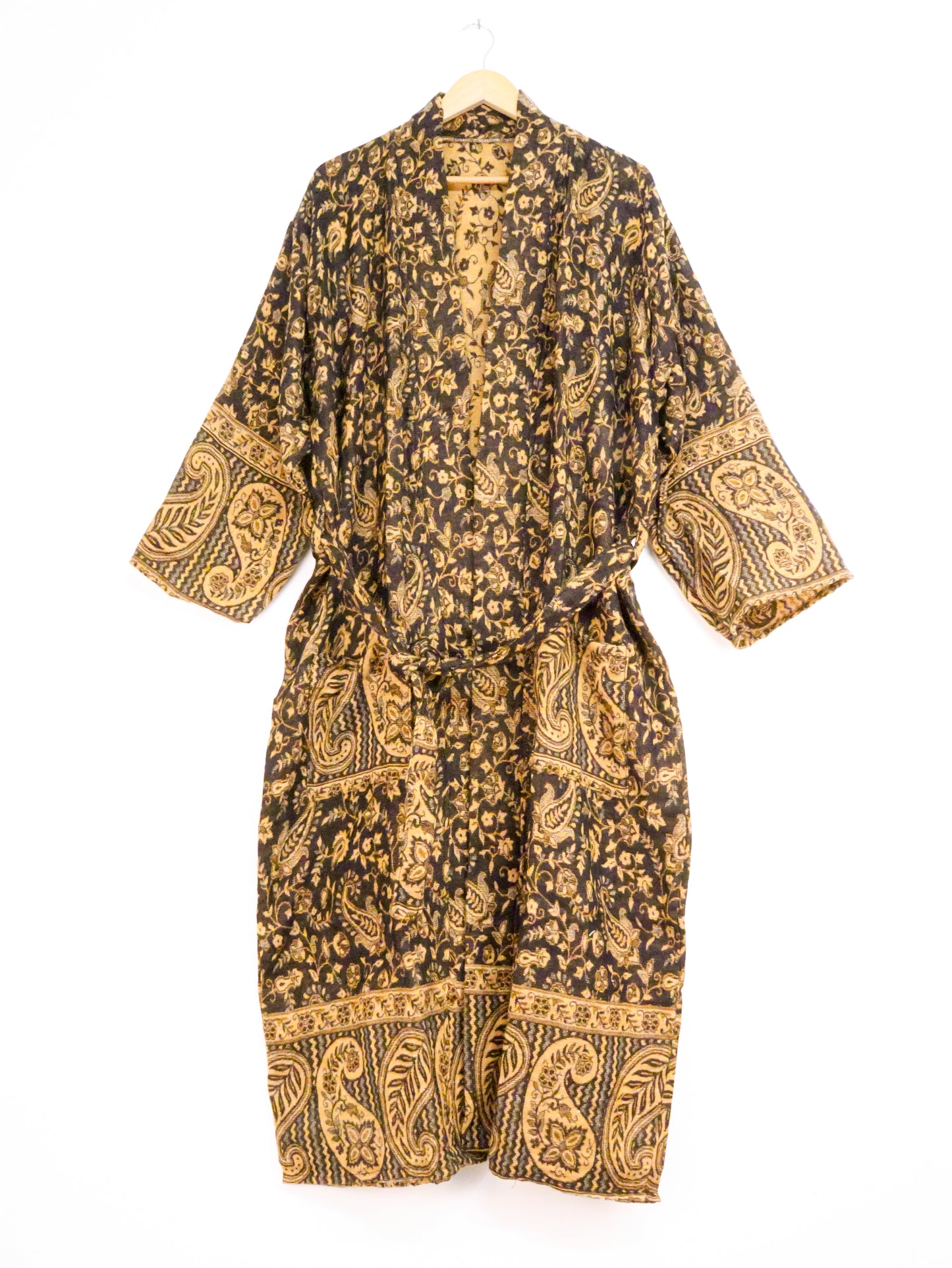 Blanket Kimono Robe Boho Dressing Gown - Black and Gold