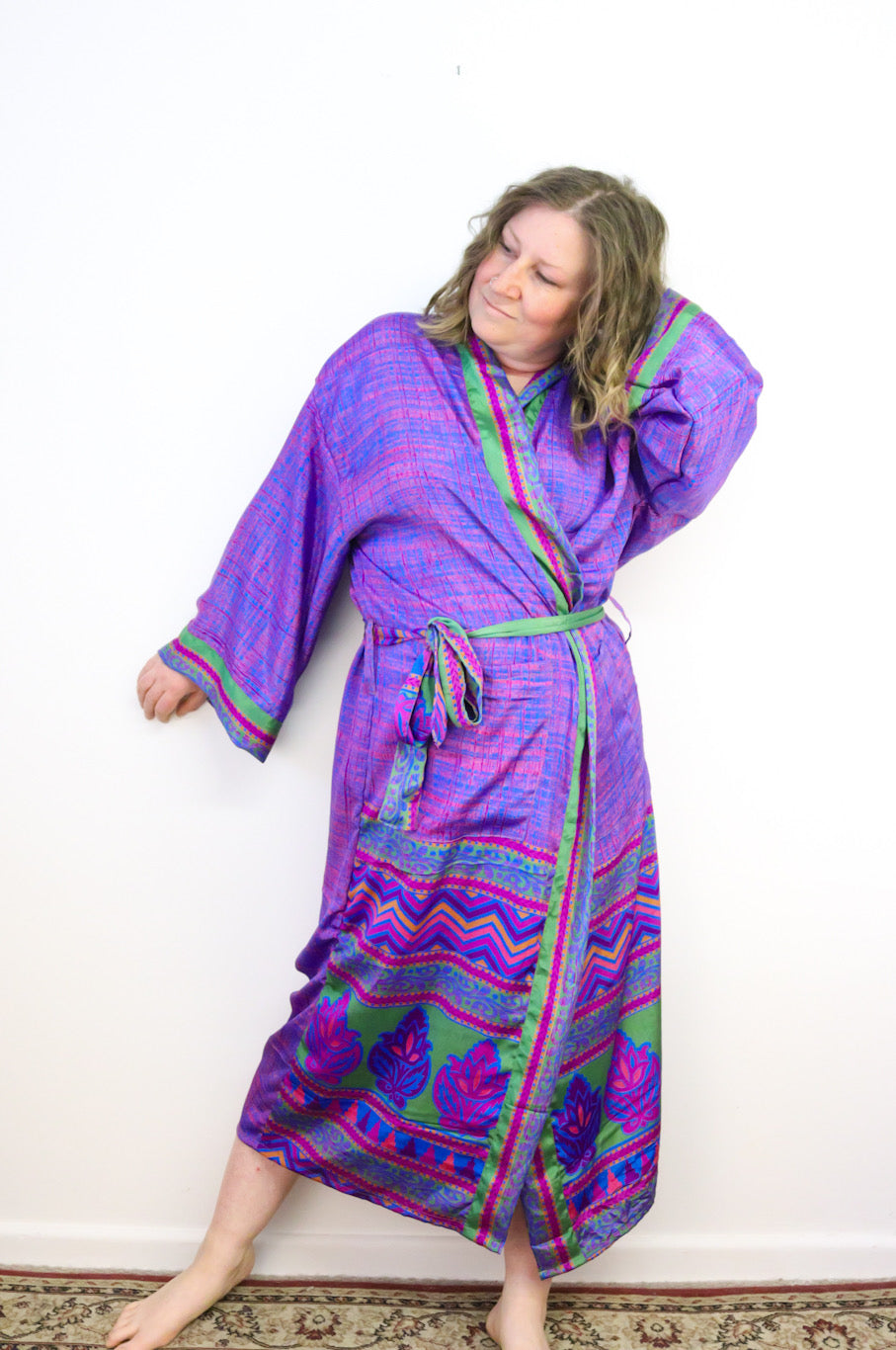 Kimono Style Silk Robe Recycled Sari Dressing Gown - Purple