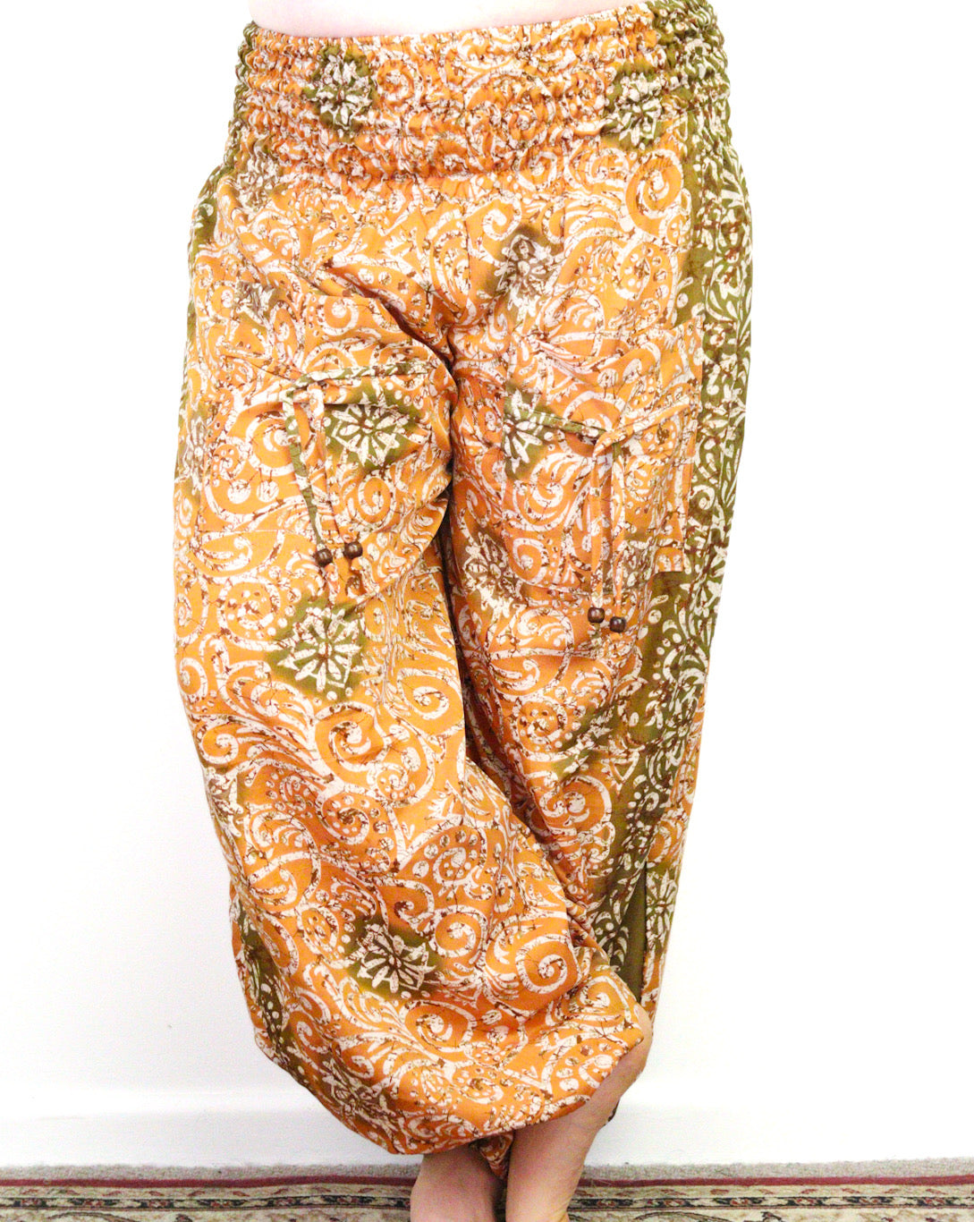 Recycled Sari Fabric Loose Fit Trousers - Peach and Green