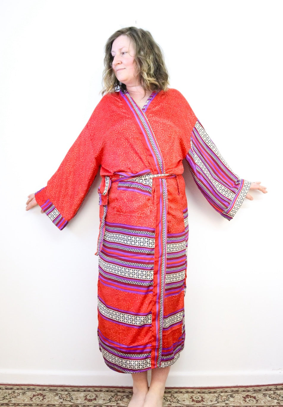 Kimono Style Silk Robe Recycled Sari Dressing Gown - Red and Purple