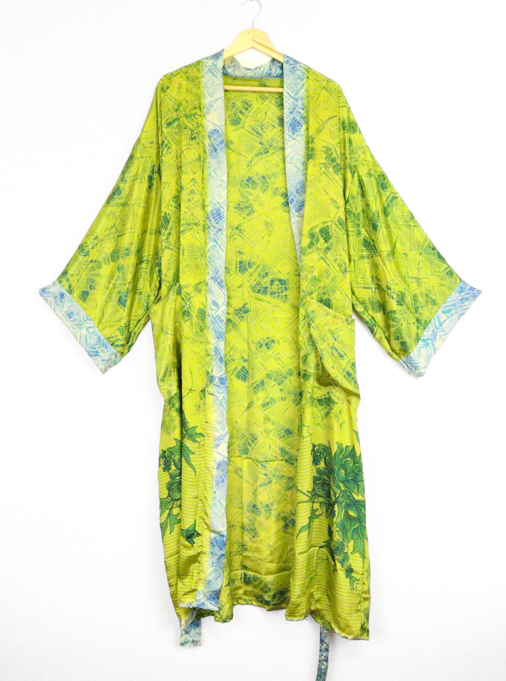 Kimono Style Silk Robe Recycled Sari Dressing Gown - Green