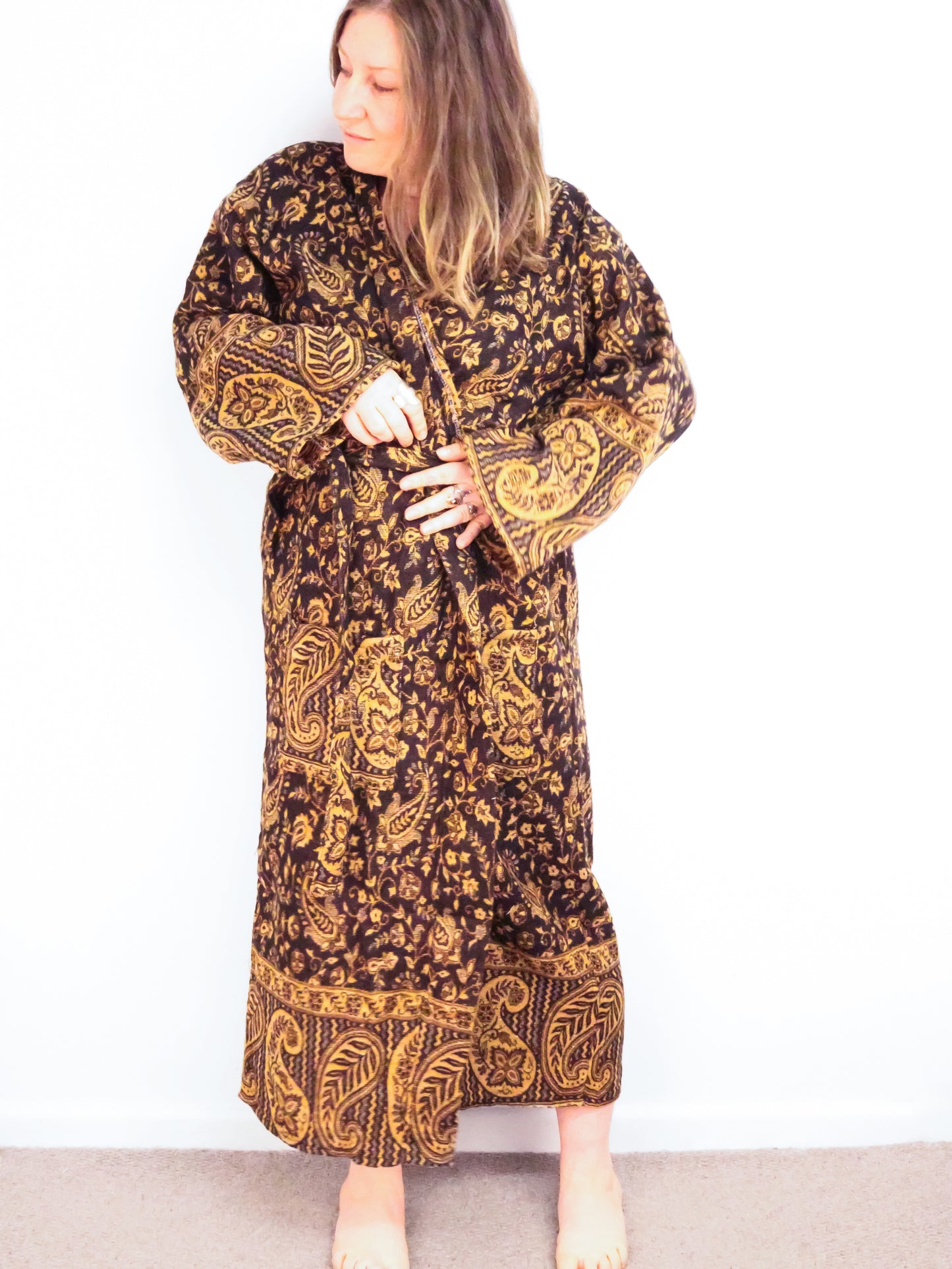 Blanket Kimono Robe Boho Dressing Gown - Black and Gold