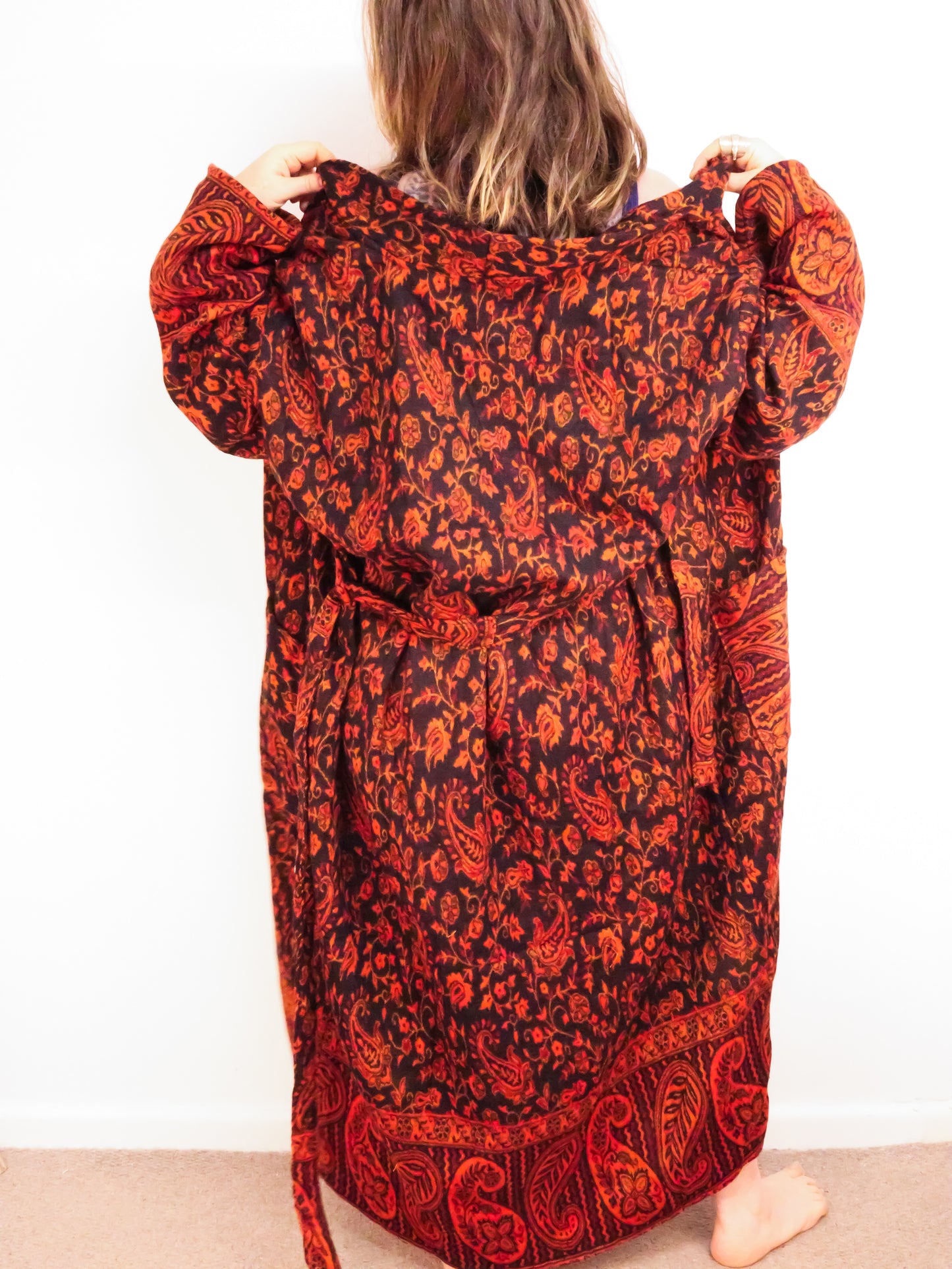 Blanket Kimono Robe Boho Dressing Gown - Black Orange and Fuchsia