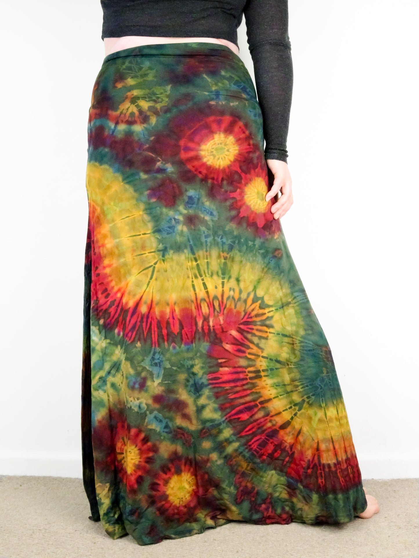 Soft Stretch Tie Dye Maxi Skirt - Moss Green