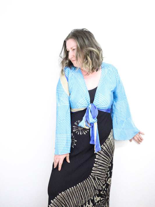 Recycled Sari Cropped Kimono Cardigan Wrap - Sky Blue