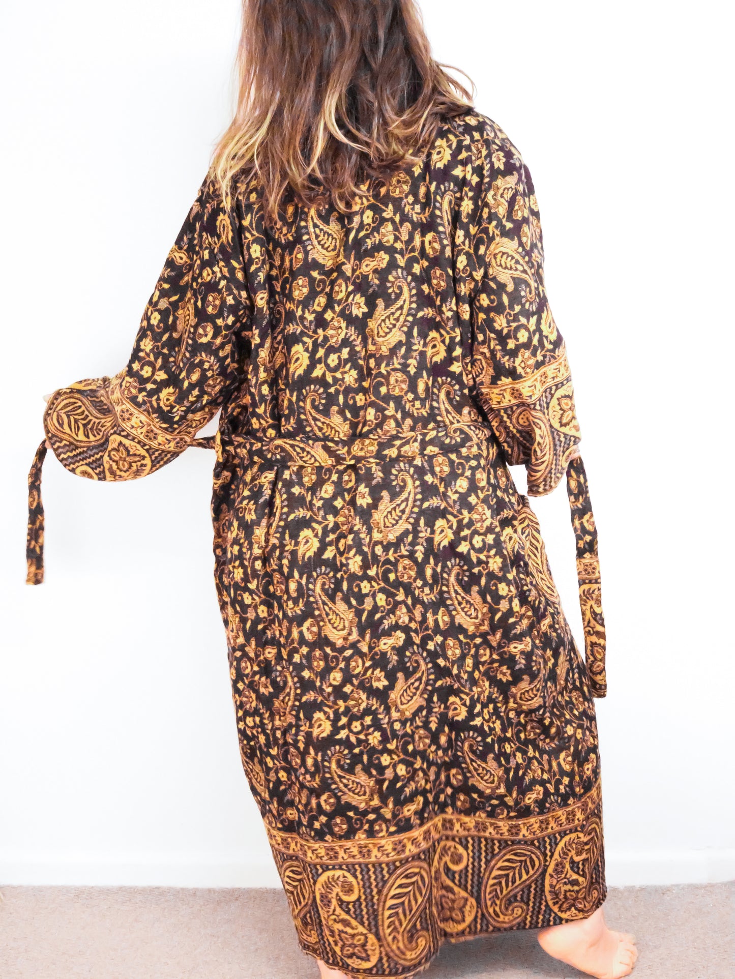 Blanket Kimono Robe Boho Dressing Gown - Black and Gold