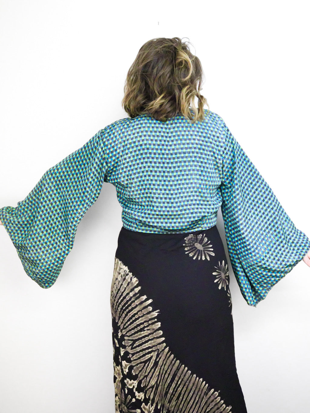 Recycled Sari Cropped Kimono Cardigan Wrap - Blue and Green