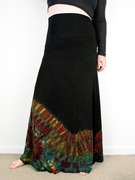 Soft Stretch Tie Dye Maxi Skirt - Black and Half Moss Green