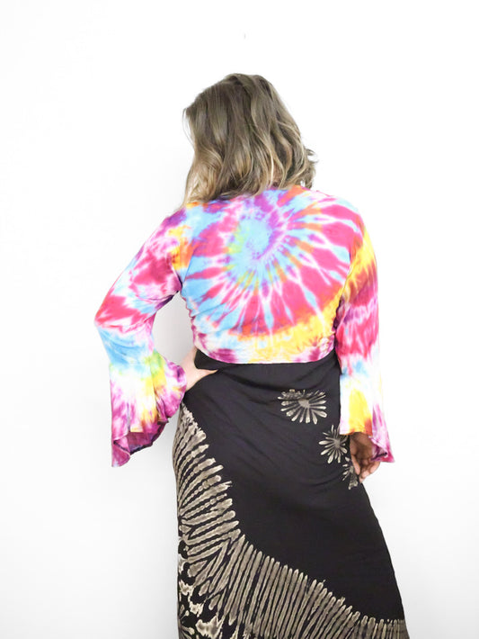 Tie-Dye Cropped Cardigan Wrap with Flared Bell Sleeves and Tie Closure - Rainbow