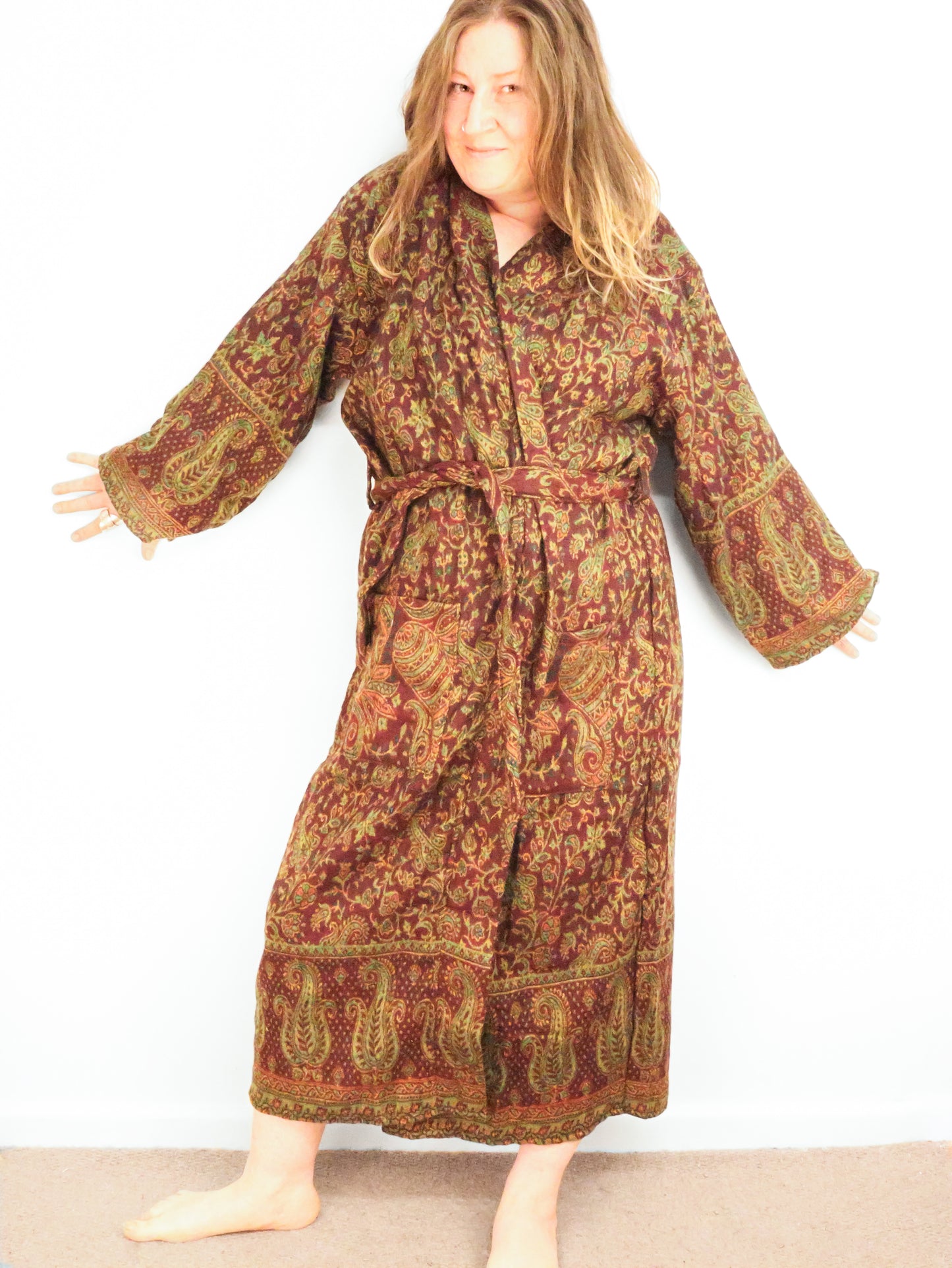 Blanket Kimono Robe Boho Dressing Gown - Burgundy Green and Gold