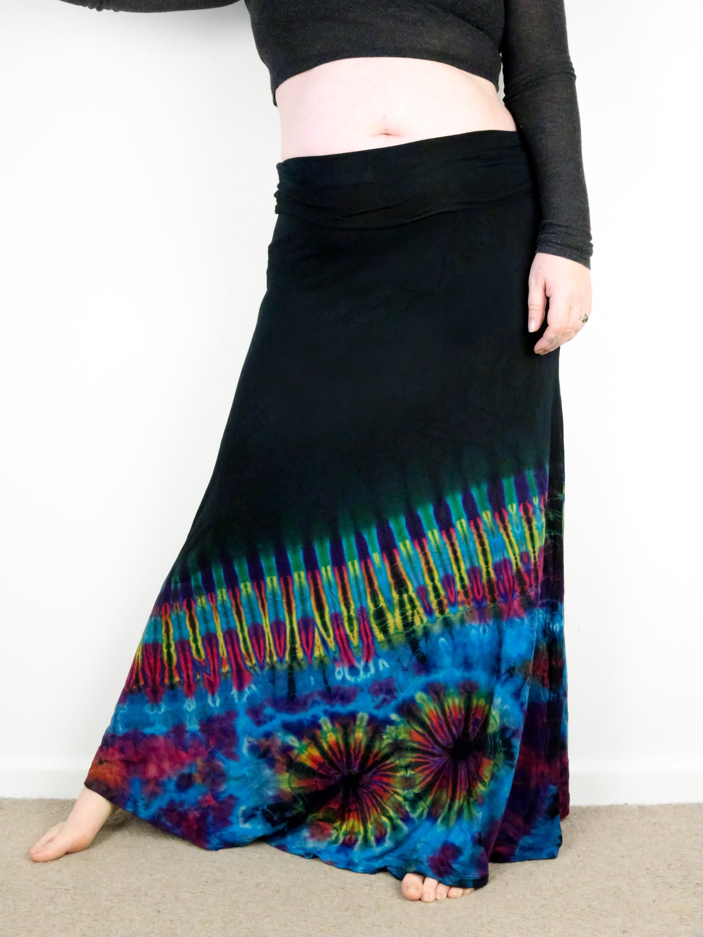 Soft Stretch Tie Dye Maxi Skirt - Black and Half Aqua Blue